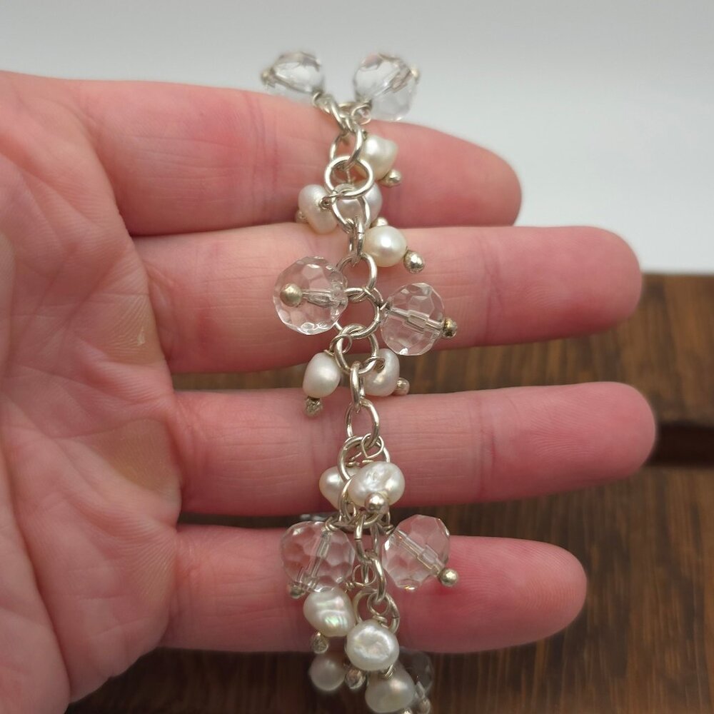 7 Inch 925 Sterling Silver Genuine Pearls And Clear Crystal Charms Bracelet